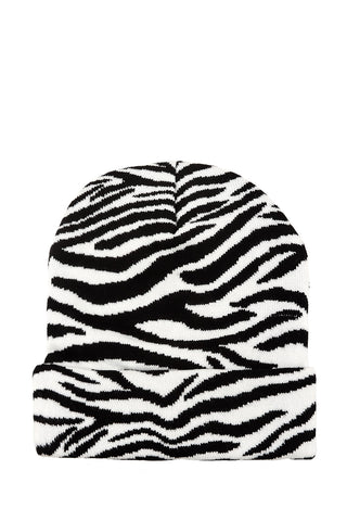 Black and white zebra knit in design cuffed beanie