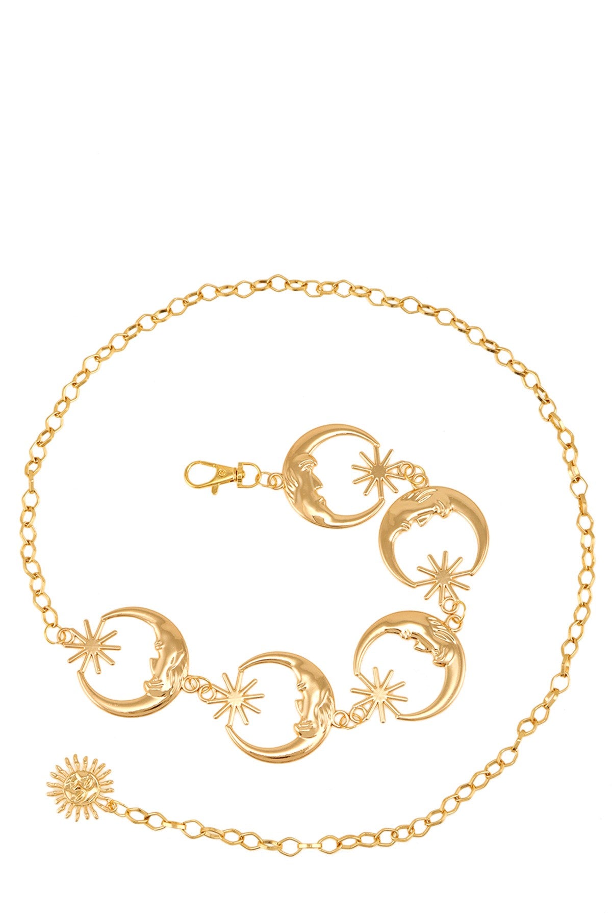 Gold metal crescent moon and starburst chain belt. Shown flat.