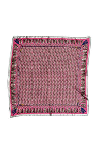 Pink and white square satin scarf with printed illusion of basket weave fabric with printed tassels at each edge