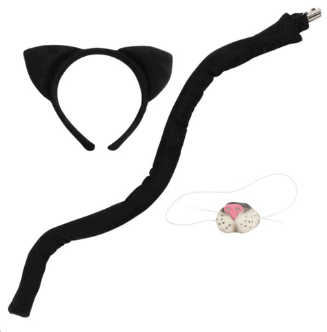 Black cat ear headband, nose, tail kit