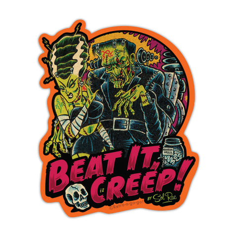 Die cut vinyl sticker picturing Frankenstein and Bride of Frankenstein rejecting him with caption “BEAT IT, CREEP!” below