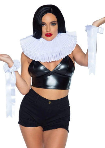 Model wearing a white fabric ruffled accordion style collar with matching ruffled ruffs