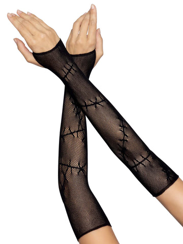 Elbow-length black fishnet fingerless gloves with a stitched up pattern