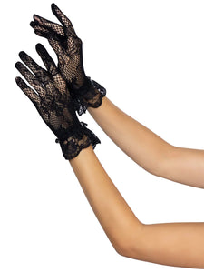 Black wrist length floral fishnet gloves with a lace ruffle