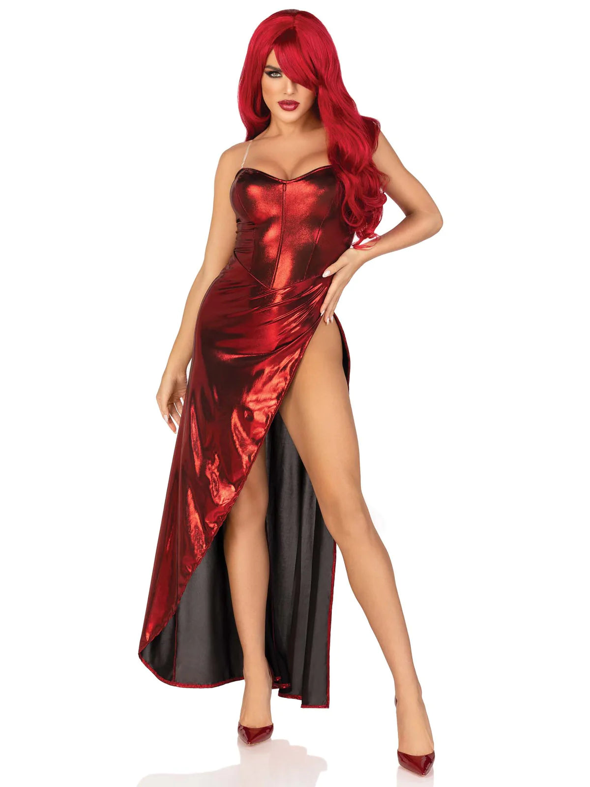 Model wearing red lamé strapless dress with high cut hip-level slit on left side. Dress has princess seaming and a sweetheart neckline with single corset boning detail at middle of bodice. Shown from front