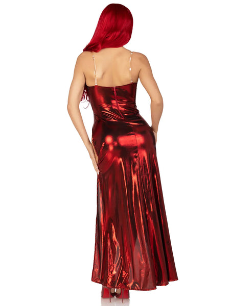 Model wearing red lamé strapless dress with high cut hip-level slit on left side. Dress has princess seaming and a sweetheart neckline with single corset boning detail at middle of bodice. Shown from back