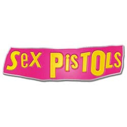 Pink and yellow Sex Pistols logo enamel pin