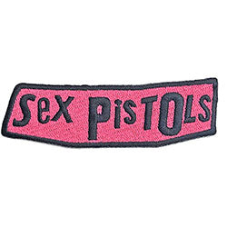 black and bright pink embroidered patch of Sex Pistols logo