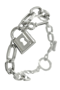 Silver metal link chain toggle bracelet with lock and key charm