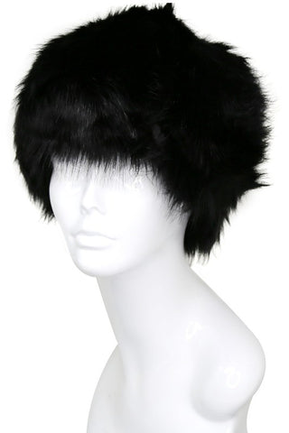 Black faux fur hat with structured crown and flat top seen on mannequin 