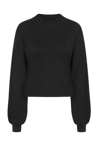 Black pullover sweater with slightly ballooned sleeves. Shown from front