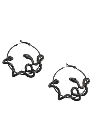 Shiny black metal hoop earrings with matching black snakes wrapped around each earring