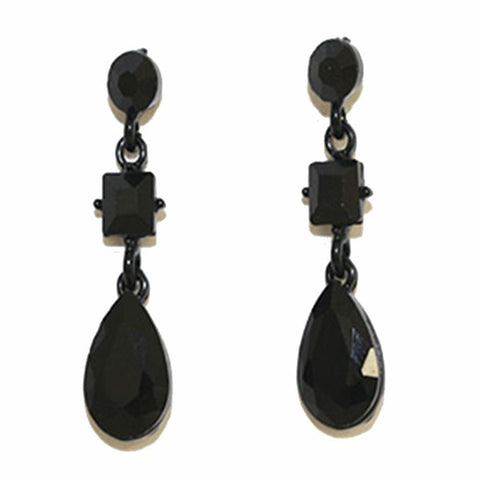 Black faceted jewel drop earrings made of three jewels- round, square, and a teardrop shape