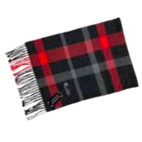 Red and grey check plaid scarf with matching fringe, shown folded