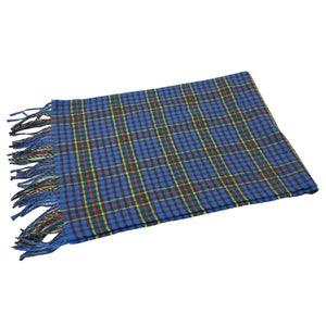 blue, green, red, yellow & brown check plaid scarf with fringe, shown flat
