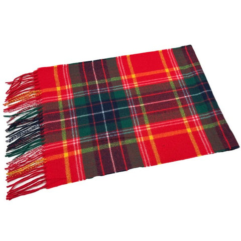 red, green, yellow, white & blue check plaid scarf with fringe, shown folded