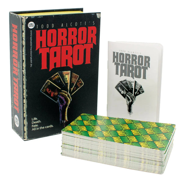 Horror imagery themed tarot deck, shown with instructional manual and gift box
