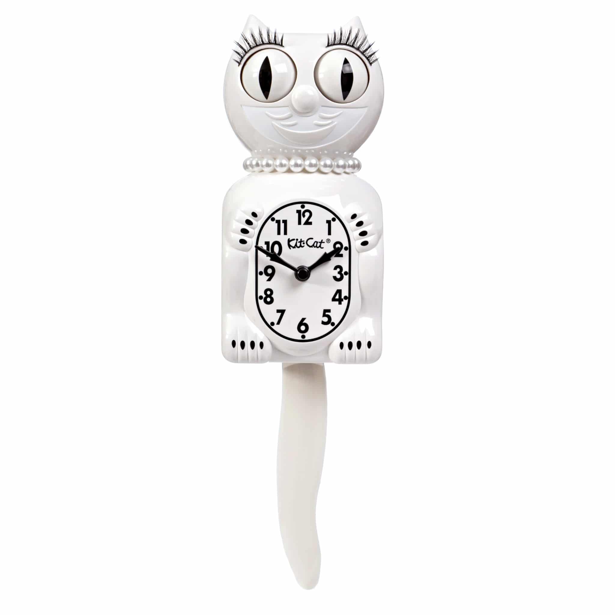 White “Lady” Kit-Cat Klock with eyelashes and white pearl necklace 