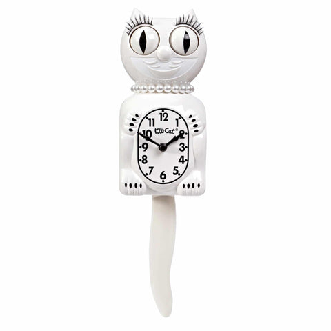 White “Lady” Kit-Cat Klock with eyelashes and white pearl necklace 