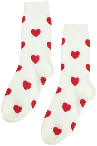 Creamy off-white socks with an all over pattern of red hearts. Shown flat