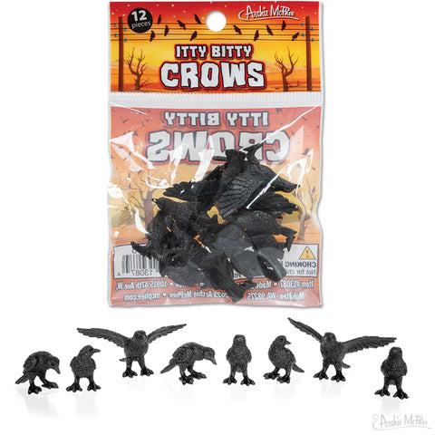 Package of 12 itty bitty soft vinyl black crows in various poses. Seen in packaging and in a row