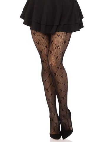 Model wearing black fishnet pantyhose with a knit in heart design in a diamond pattern. Shown from front