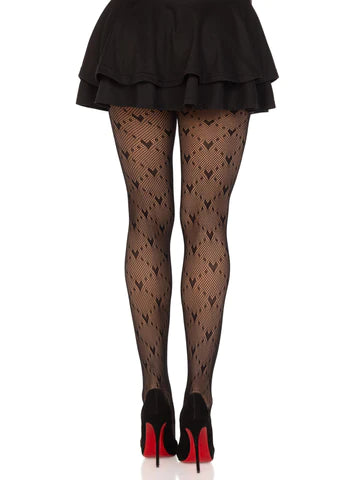 Model wearing black fishnet pantyhose with a knit in heart design in a diamond pattern. Shown from back