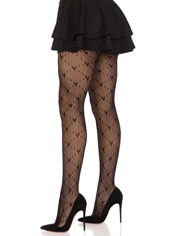 Model wearing black fishnet pantyhose with a knit in heart design in a diamond pattern. Shown from side