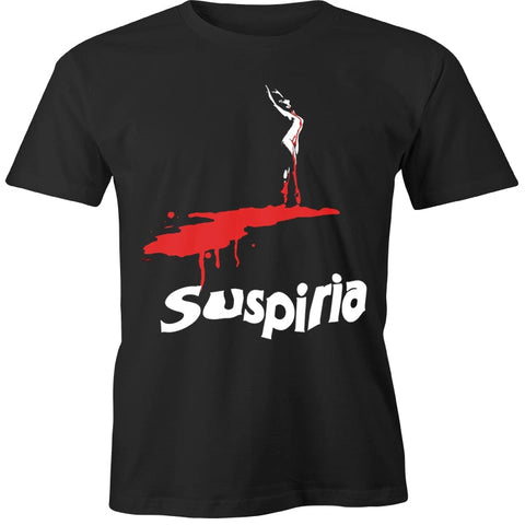 Red and white Suspiria “Dancer” art on a unisex black t-shirt