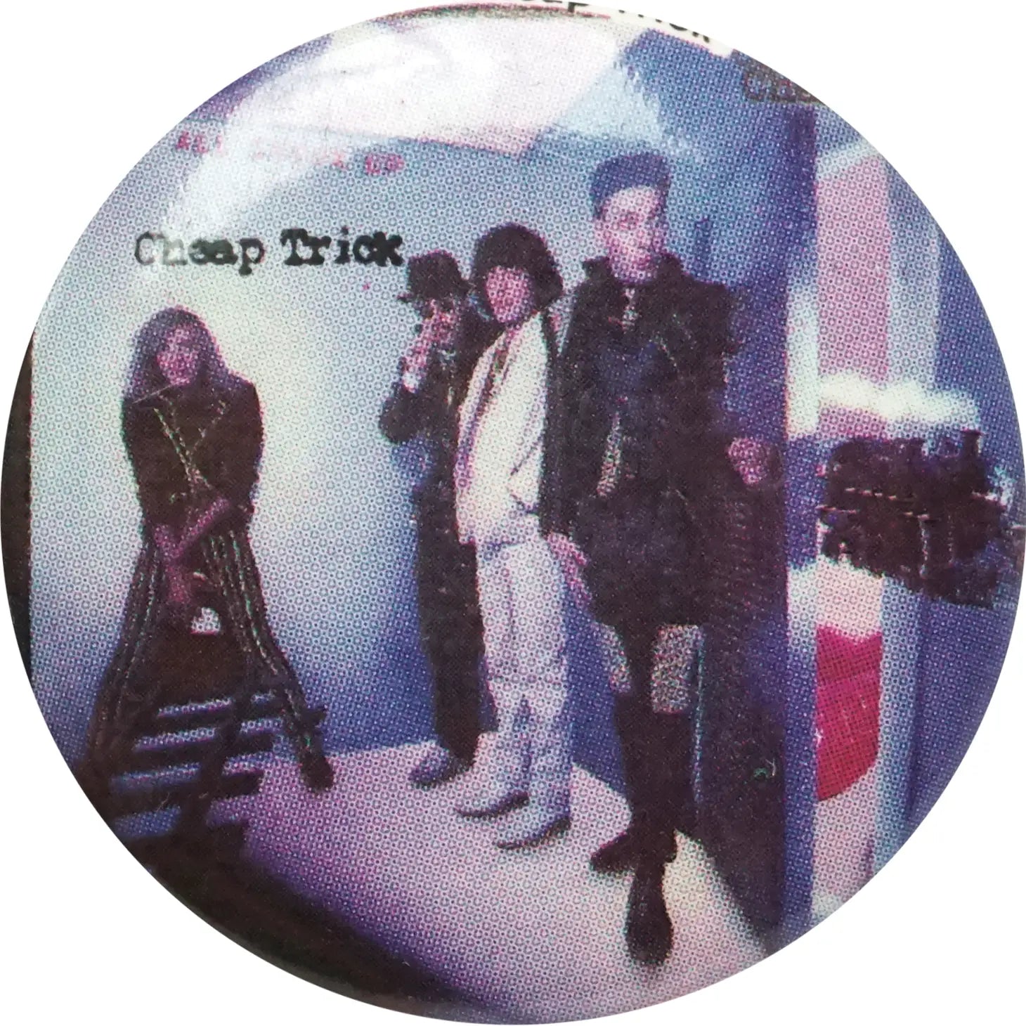 1.25” round pinback button of Cheap Trick’s album cover for All Shook Up