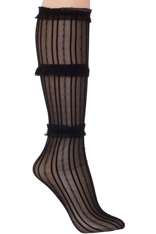 Sheer black mesh socks in a vertical striped pattern with silver lurex diamonds and three black elasticized ruffles down the length of the calf