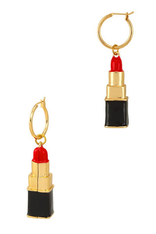 Small gold metal snap closure hoops with gold metal enameled 3D tube of lipstick charms