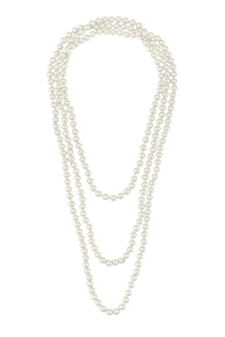 84” long bright white faux pearl necklace shown in triple layer wear
