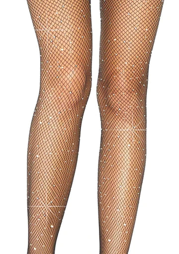 Black fishnet stockings with faux iridescent rhinestone embellishments and cutouts at the hips and crotch to resemble suspenders. Shown in close up of legs