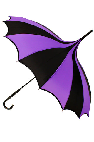 Purple and black striped pagoda style umbrella, shown open on its side