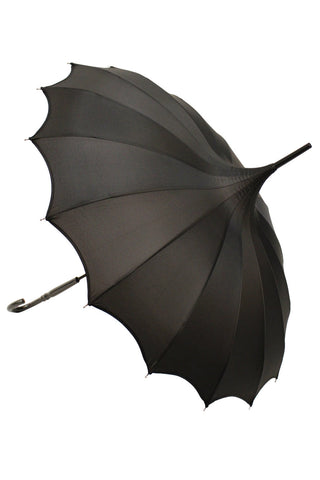Black pagoda style umbrella, shown open on its side