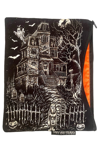 Rectangular black canvas zippered pouch with white printed illustration of a haunted house. Shown unzipped to display orange lining