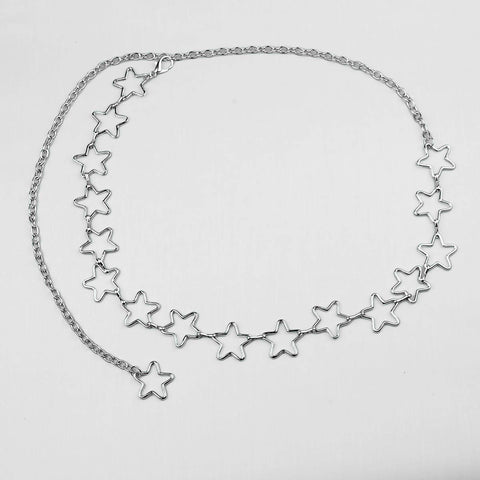 Silver metal chain belt with row of silver stars and link chain with lobster claw closure. Seen flat