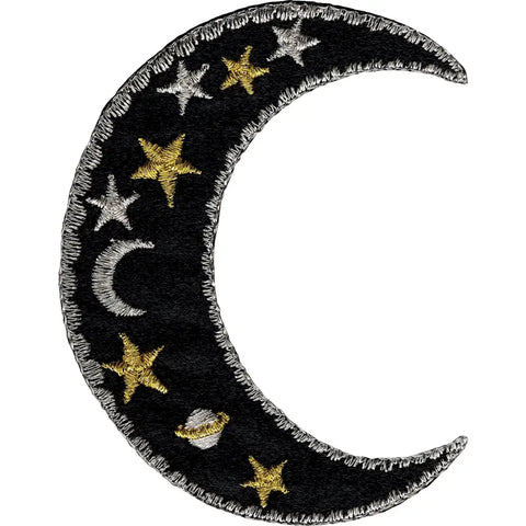 Metallic silver and black embroidered patch crescent moon decorated with planets, stars, and moons in silver and gold thread