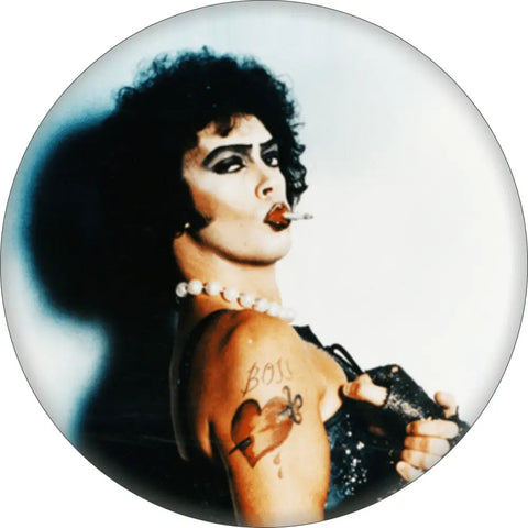 1.25” round pinback button of color portrait of Tim Curry as Frank N. Furter from the Rocky Horror Picture Show