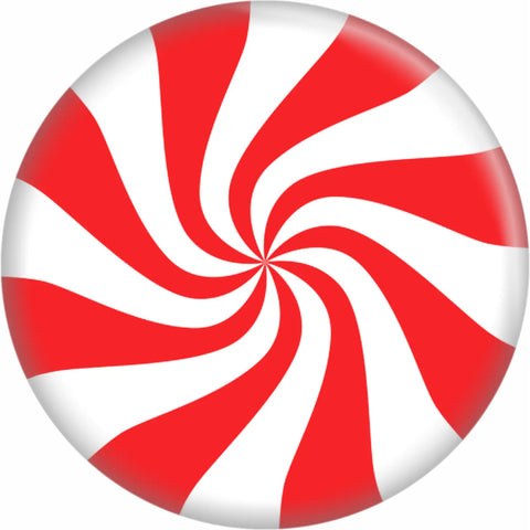 1.25” round pinback button with design of a red and white swirled peppermint