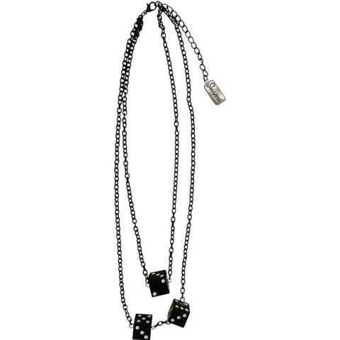 Black enameled chain link necklace with two layers and three black and white die- one in the middle of the small chain and two on the larger chain
