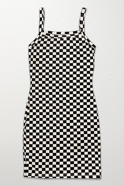 Black and white ribbed stretch knit mini dress with spaghetti straps shown flat