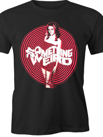 Something Weird movie poster art swirl design in red, white, and black on a black unisex t shirt
