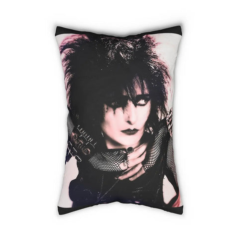 Rectangular mini pillow with a black, white, and pink portrait of Siouxsie Sioux 