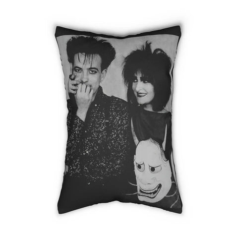 Rectangular mini pillow with black and white portrait of Robert Smith and Siouxsie Sioux standing side by side and smiling