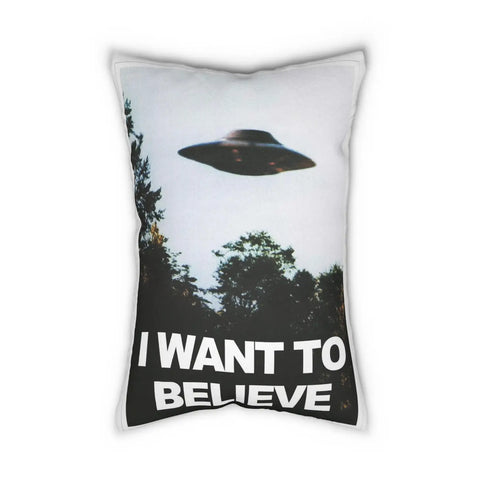 Rectangular mini pillow with “I Want to Believe” image with spaceship from The X-Files