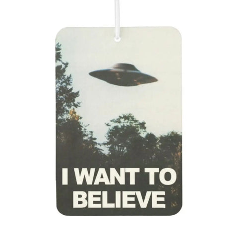 Rectangular air freshener printed with “I Want to Believe” poster image from The X-Files