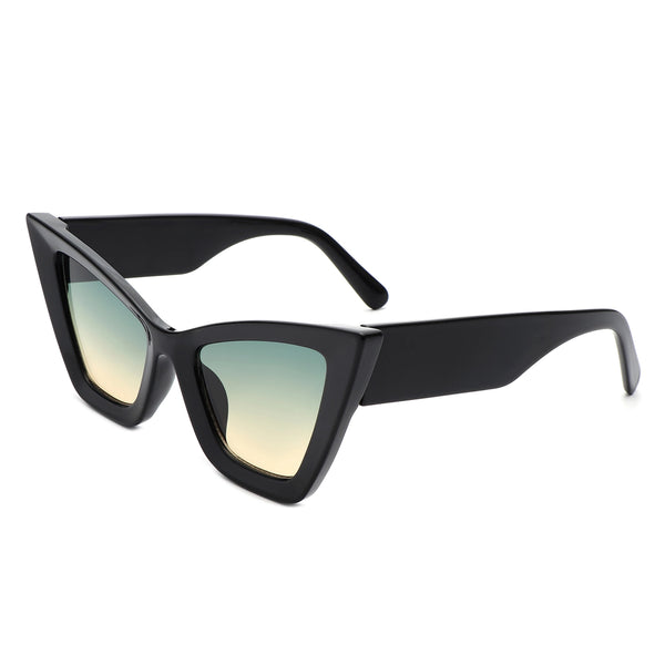Sharp angled thick black framed sunglasses with green to yellow gradient lenses. Shown from the side