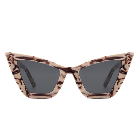 Thick angular cat eye sunglasses with a beige and brown streaked marble pattern and black smoke lenses. Shown from front